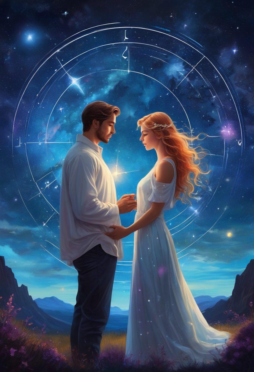 A celestial-themed illustration depicting the zodiac signs in a vibrant, harmonious arrangement, intertwined with astrological symbols and constellations. The background features a starry night sky, with ethereal light beams highlighting the unique traits of each sign, and a whimsical couple gazing at the stars, representing compatibility. The overall tone should inspire curiosity and excitement about astrological matches. vibrant colors. digital painting.