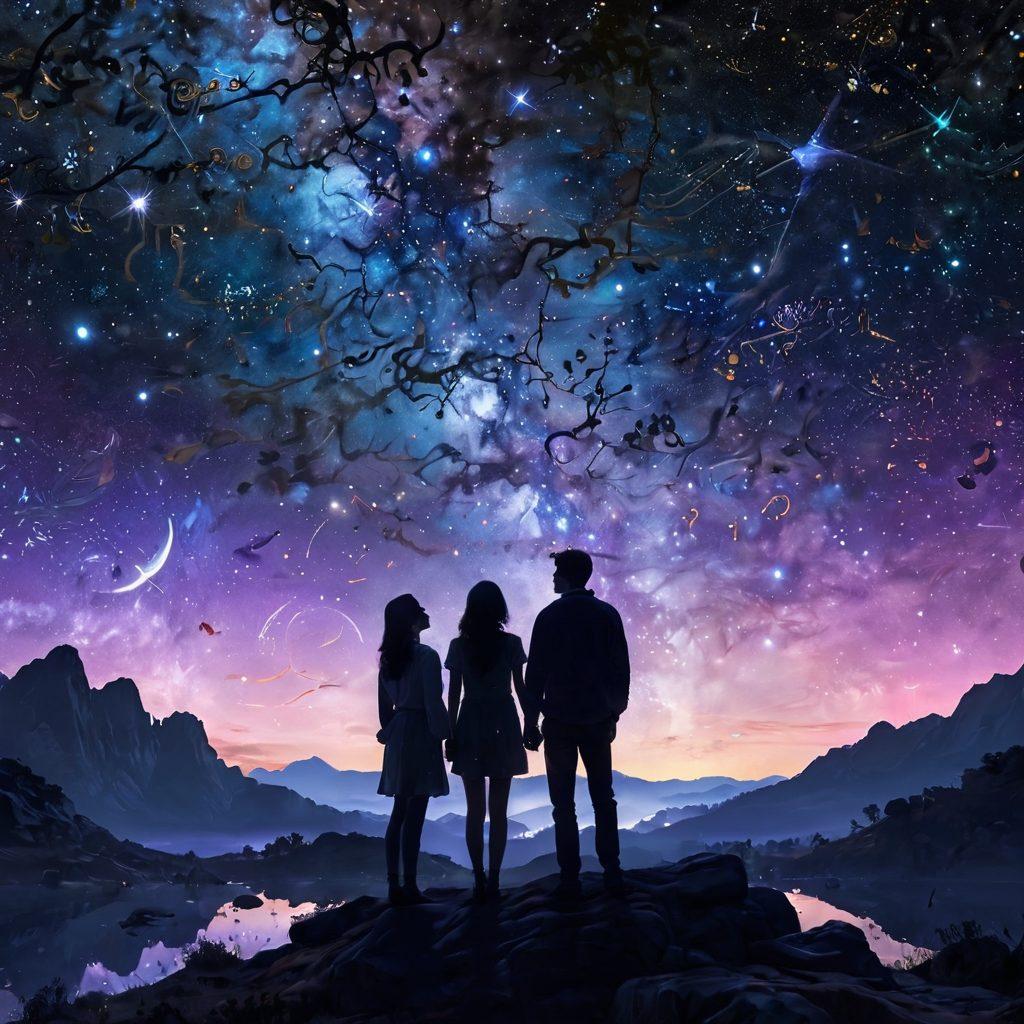 A celestial scene featuring a starry night sky with zodiac symbols subtly integrated among the stars. In the foreground, a couple is gazing up, their silhouettes outlined by a soft glow of cosmic light. Ethereal constellations blend with heart shapes and astrological symbols, illustrating the theme of love guided by the universe. The colors are deep blues and purples, with bursts of shimmering gold. super-realistic. vibrant colors. cosmic theme.